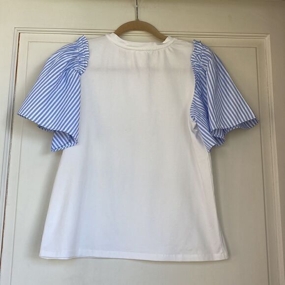 Worn Once Cotton BlendTop With Blue And White Striped Flutter Sleeve Detail - Picture 5 of 5